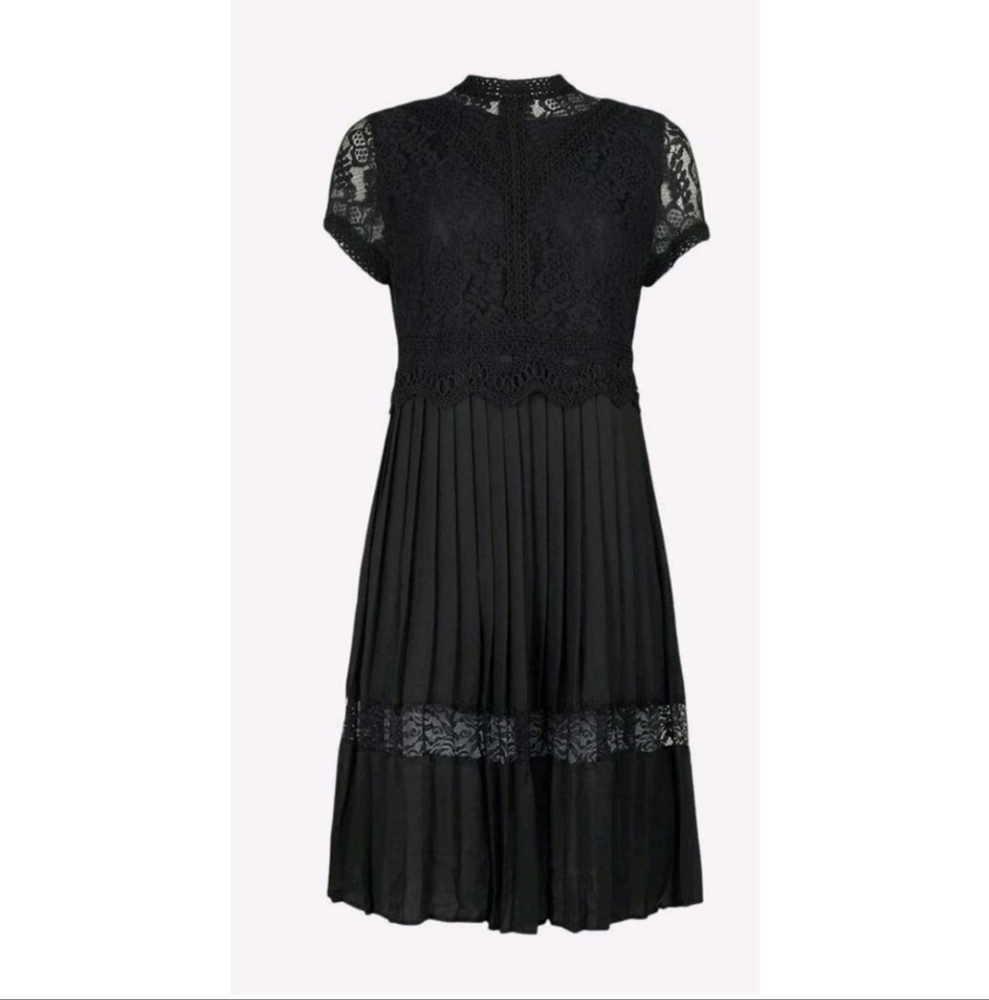 ZARA Pleated High Neck Lace Embroidery Black Dress LBD